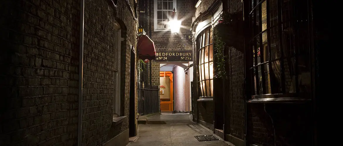 A dimly lit street in East London, where Jack the Ripper was known to lurk.